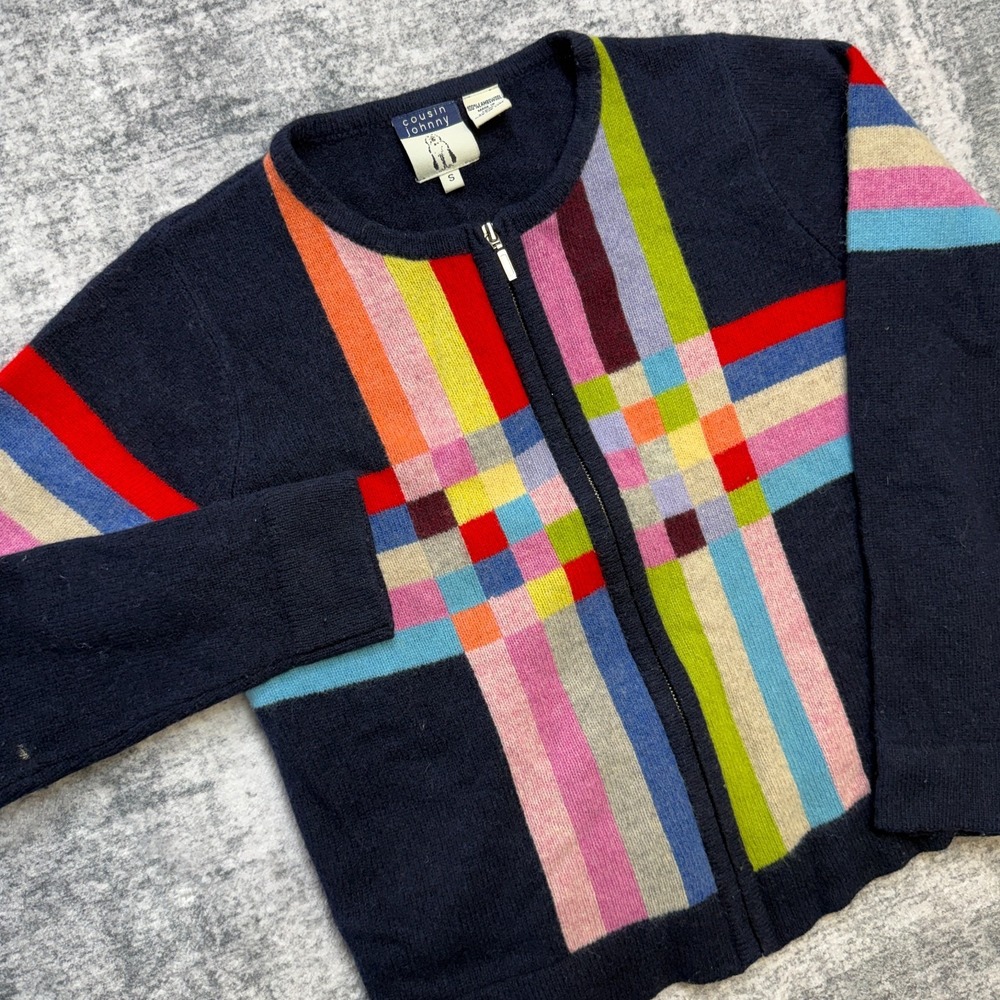 Cousin Johnny Sweater Womens Small Zip Up Lambswool Colorful Kidcore Teacher Art